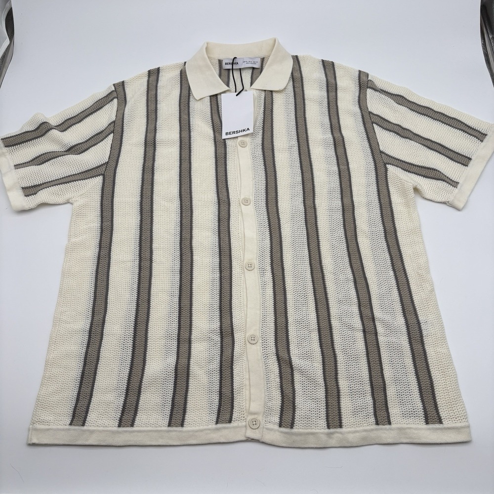 NWT Bershka Mens XL Striped Crochet Open Knit Shirt Button Down Cream Beige